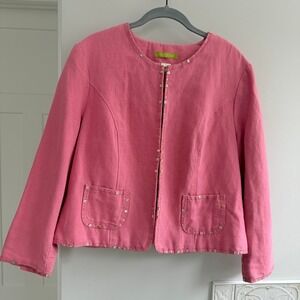 Sigrid Olsen Pink Linen Blend Jacket Blazer Embellished Pockets Size 14 Lined